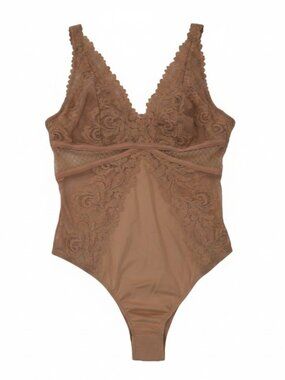Sophie B Lace Mesh Bodysuit Teddy Lingerie Brown Nude Women’s Size S NWT